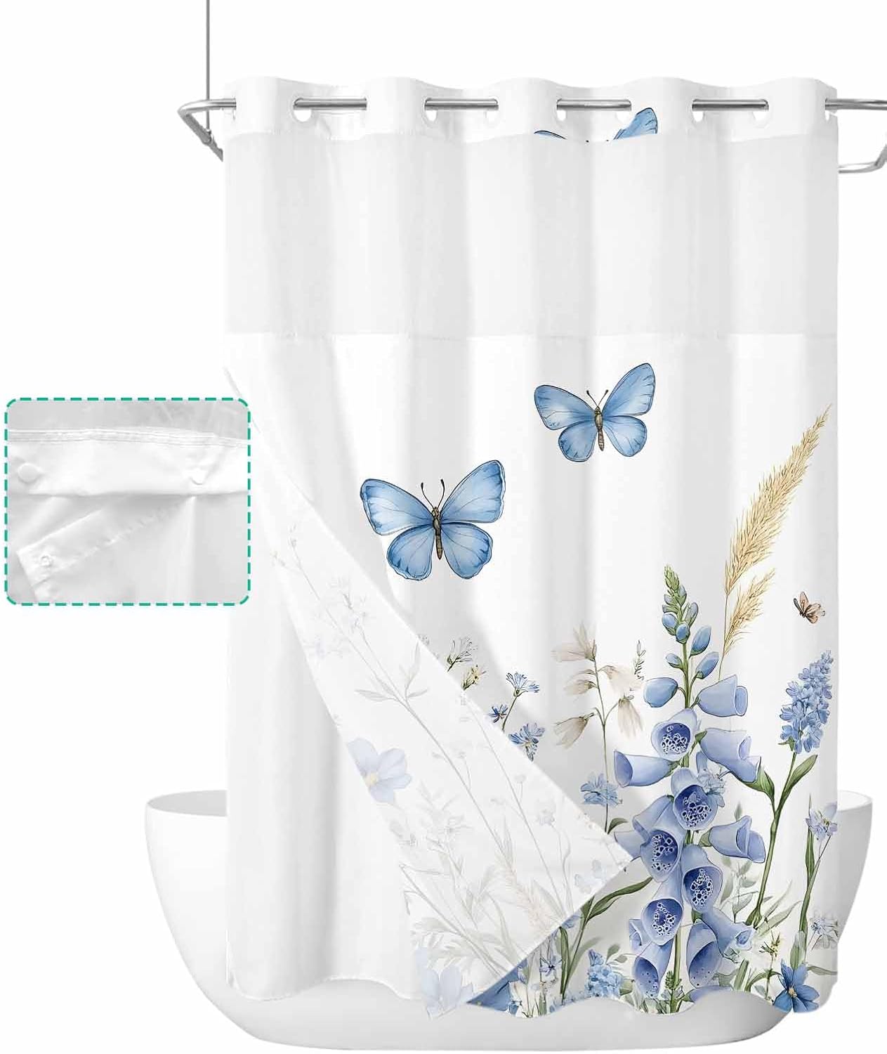 Spring Flower Country Botanical No Hook Shower Curtain with Snap in Liner Set,Pastoral Farm Blue Theme Waterproof Fabric Shower Curtains with See Through Top Window for Bathroom,72Wx84L