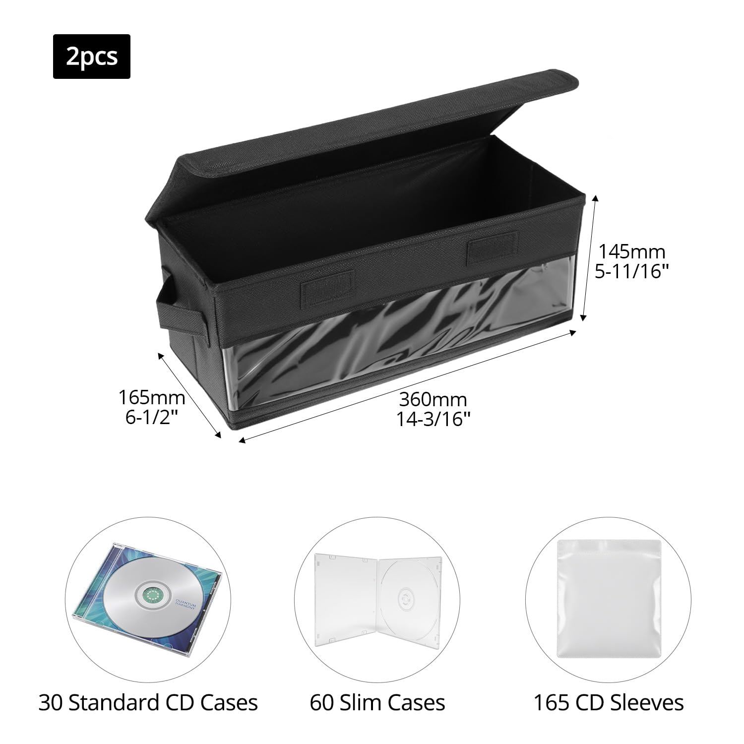QWORK® Confezione da 2 Scatole Porta CD, 36x14x6 cm, Organizer in Tessuto Nero per 30 Standard per CD, 60 Custodie Slim o 165 Custodie Porta CD