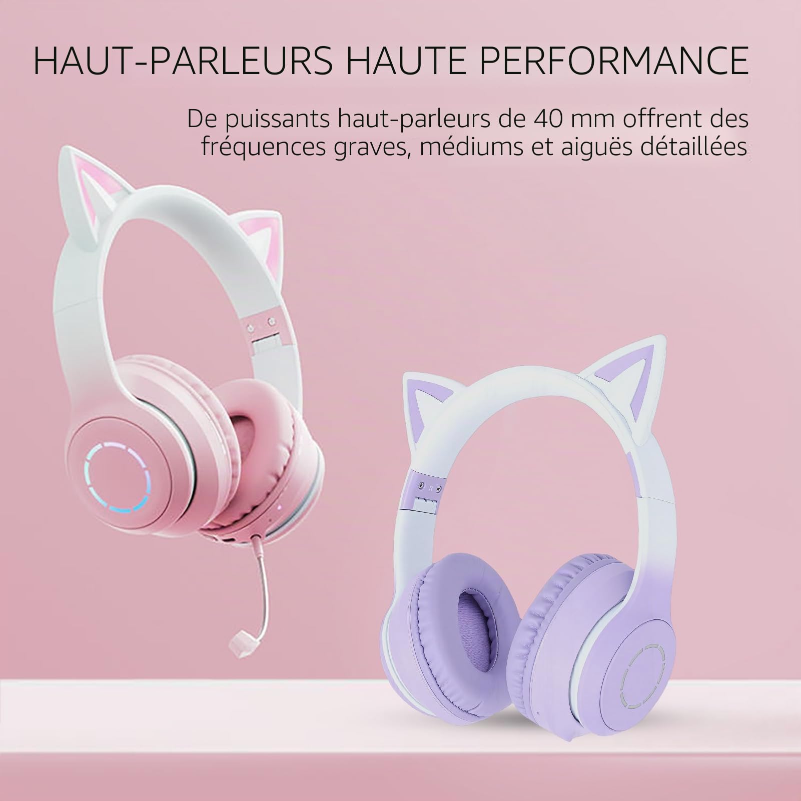Casque Gaming sans Fil, Oreilles De Chat Mignonnes, Bluetooth 5.3, Éclairage LED, Microphone Amovible, Haut-Parleurs 40 Mm, Câble AUX 3,5 Mm, Pliable, Coussinets Confortables (Purple)