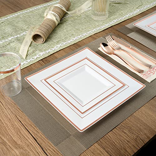 175 Piece Rose Gold Dinnerware Set 25 Guest-50 Square Plastic Plates-25 Rose Gold Plastic Silverware-25 Plastic Cups-25 Linen Like Rose Gold Paper Napkins, Focusline Disposable Dinnerware Set #TOP3