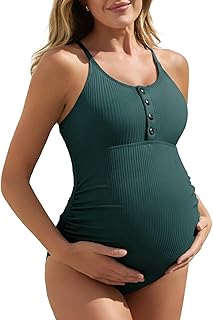 Summer Mae Maternity Swimsuit One Piece Bathing Suit Button Neck Cross Back