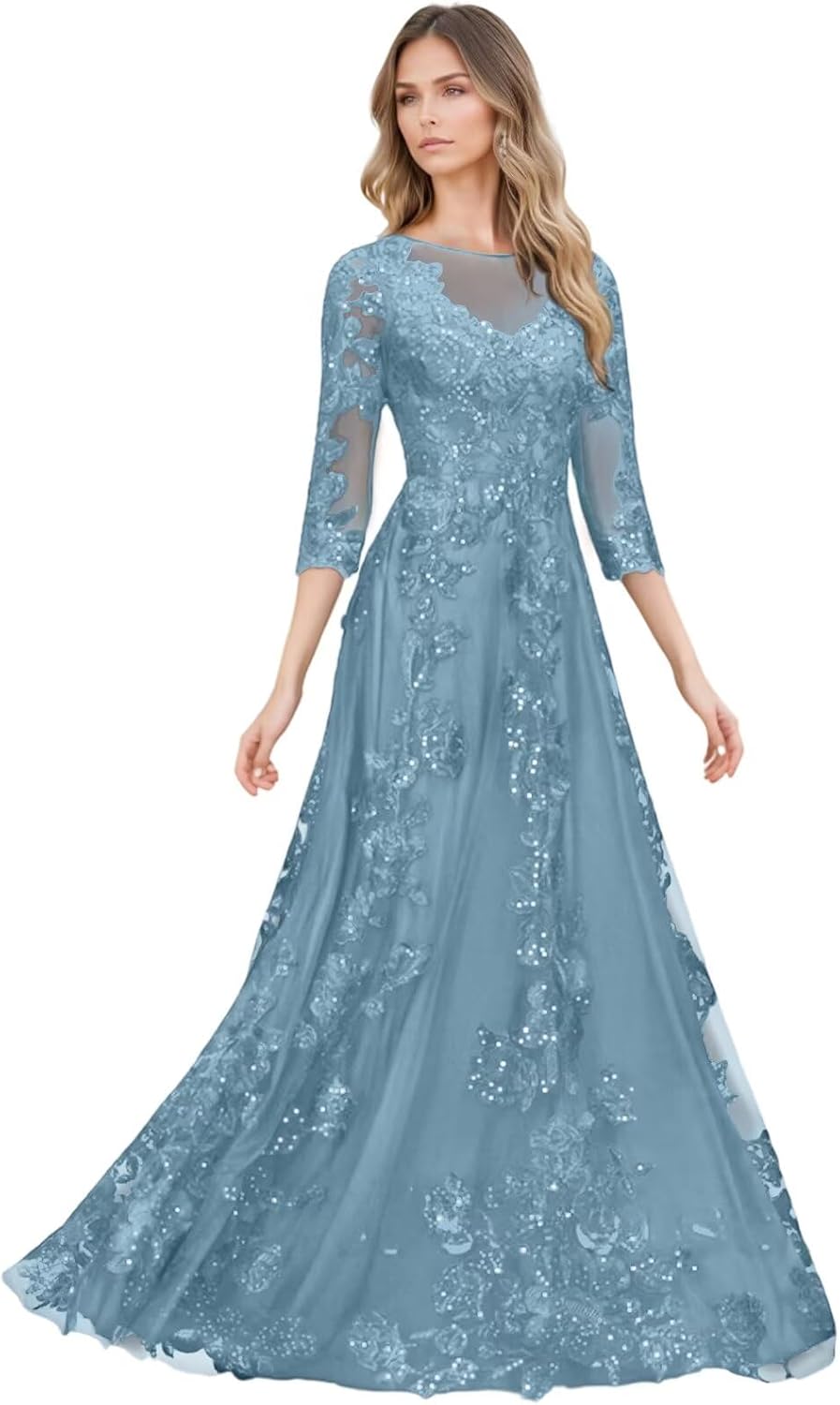 Lace Appliques Mother of The Bride Dresses for Women Tulle 3/4 Sleeve Wedding Guest Dress Sequin Formal Evening Gown