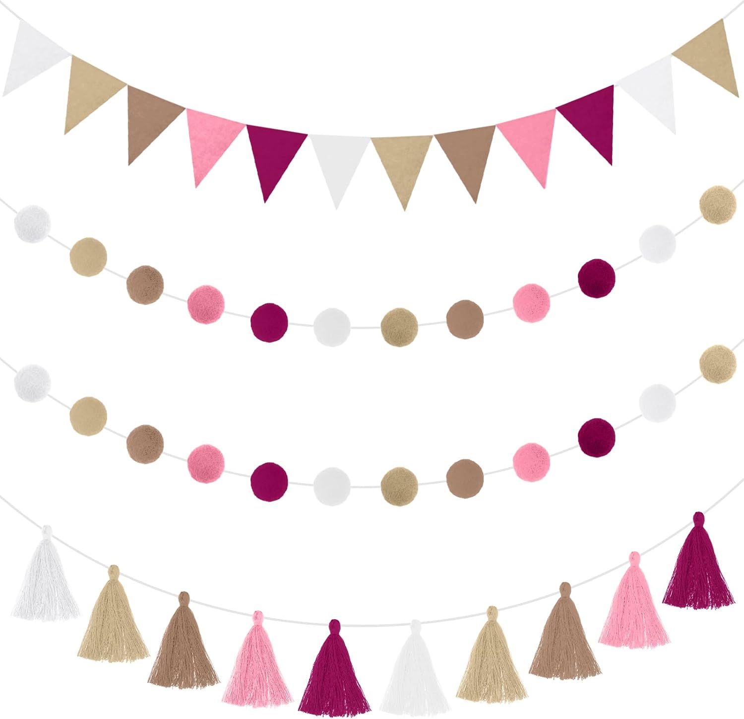 Irenare 9.8 ft Pom Pom Garland Felt Rainbow Garland 2026 Graduation Party Decoration Colorful Pennant Tassel Banner Back to School Birthday Triangle Banner for Classroom School Mantel(Pink)