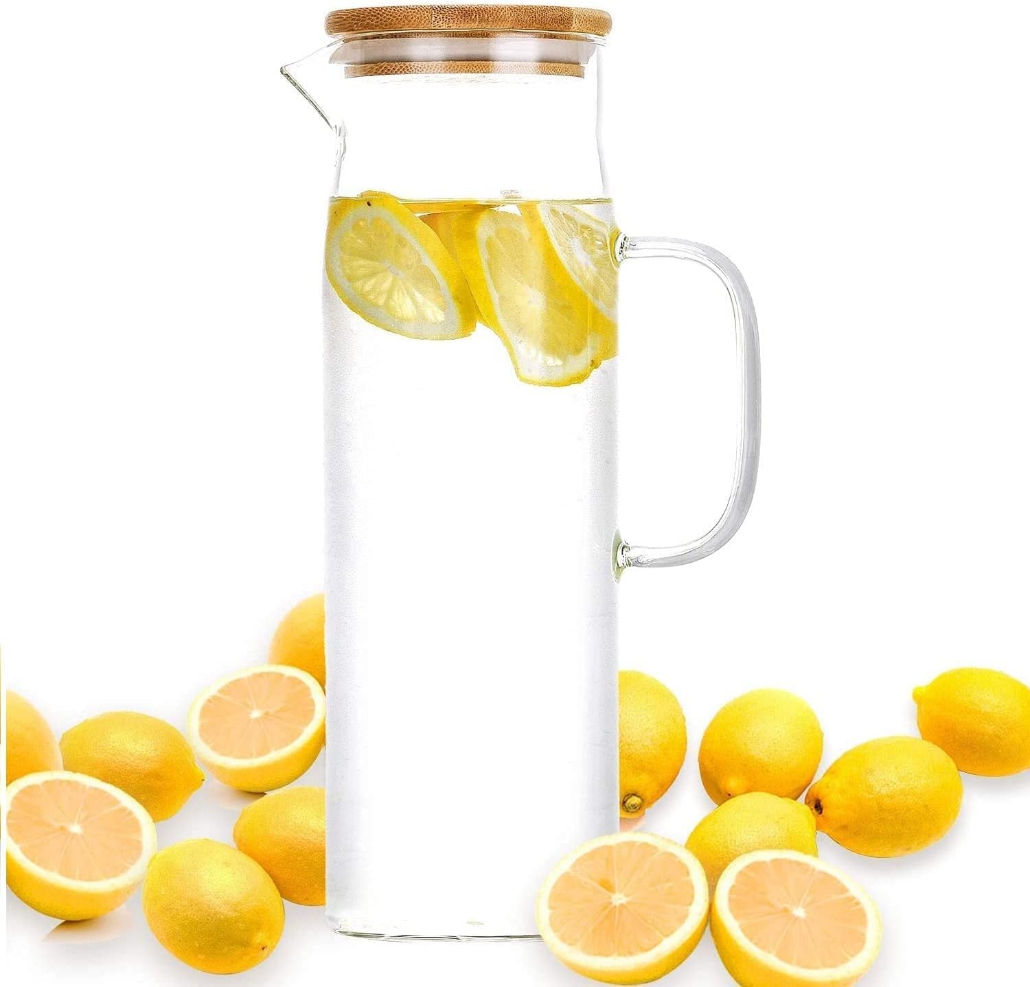 Jorunb Glass Pitcher,Water Jug with Lid and Spout, Large Pitchers for Drinks with Handle for Hot/Cold Beverages Water, Cold Brew, Iced Tea & Juice (1500ml) ﻿