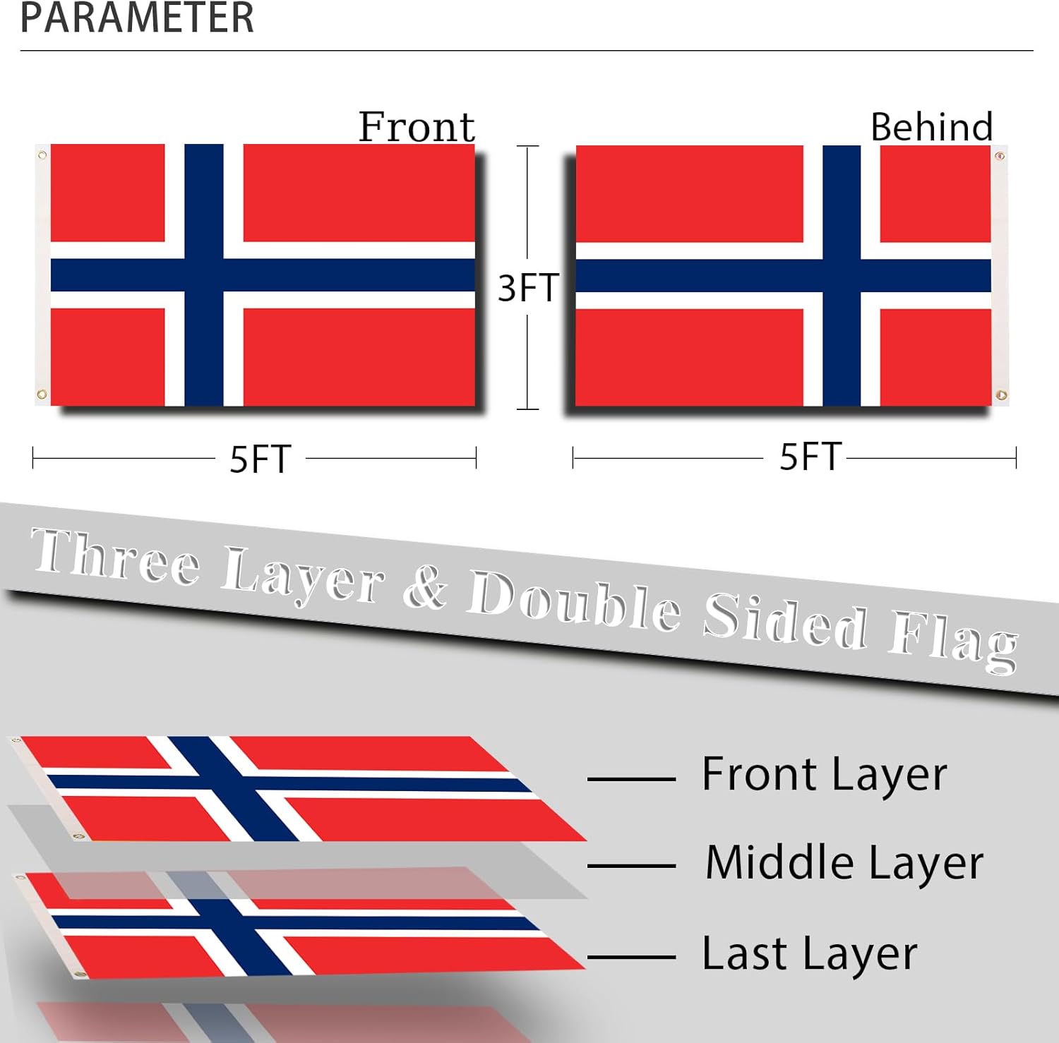 Norwegian Flag 3x5 Three Layer Double Sided Norway Flag Polyester Fiber Bright Color with Durable Canvas Header and 2 Non Fading Brass Grommets