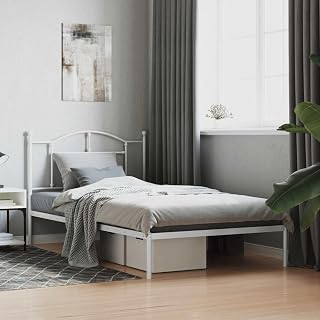 Modern Single Bed Frame with Headboard, Sturdy Powder-Coated Steel Construction in Sleek White Finish for Adult Bedrooms, Durable Metal Frame with Timeless Design
