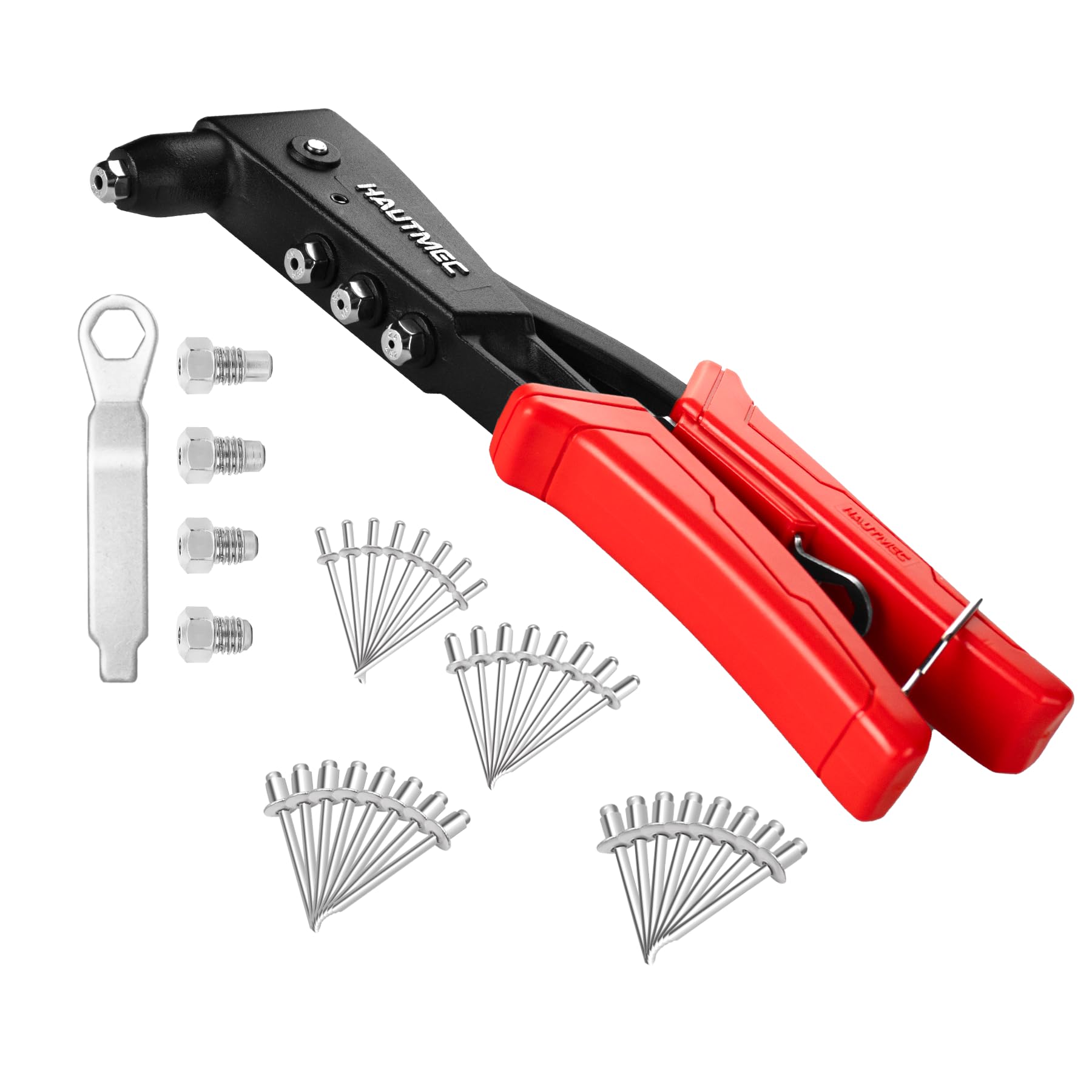 HAUTMEC Pop Rivet Gun Kit with 120Pcs Rivets, Heavy Duty Hand Riveter Tool with 3-Jaw Chuck Design (Anti-Slip & Anti-Jam) & 4 Interchangeable Heads, Pro Rivet Gun Kit for Metal, Aluminum, Steel
