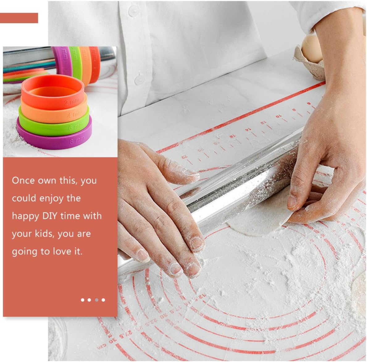 NUOBESTY Adjustable Thickness Non-stick Rolling Pin with 430 Stainless Steel Core and Silicone Rings, Kitchen Dough Roller for Baking Cookies, Pizza, and Pastry Preparation