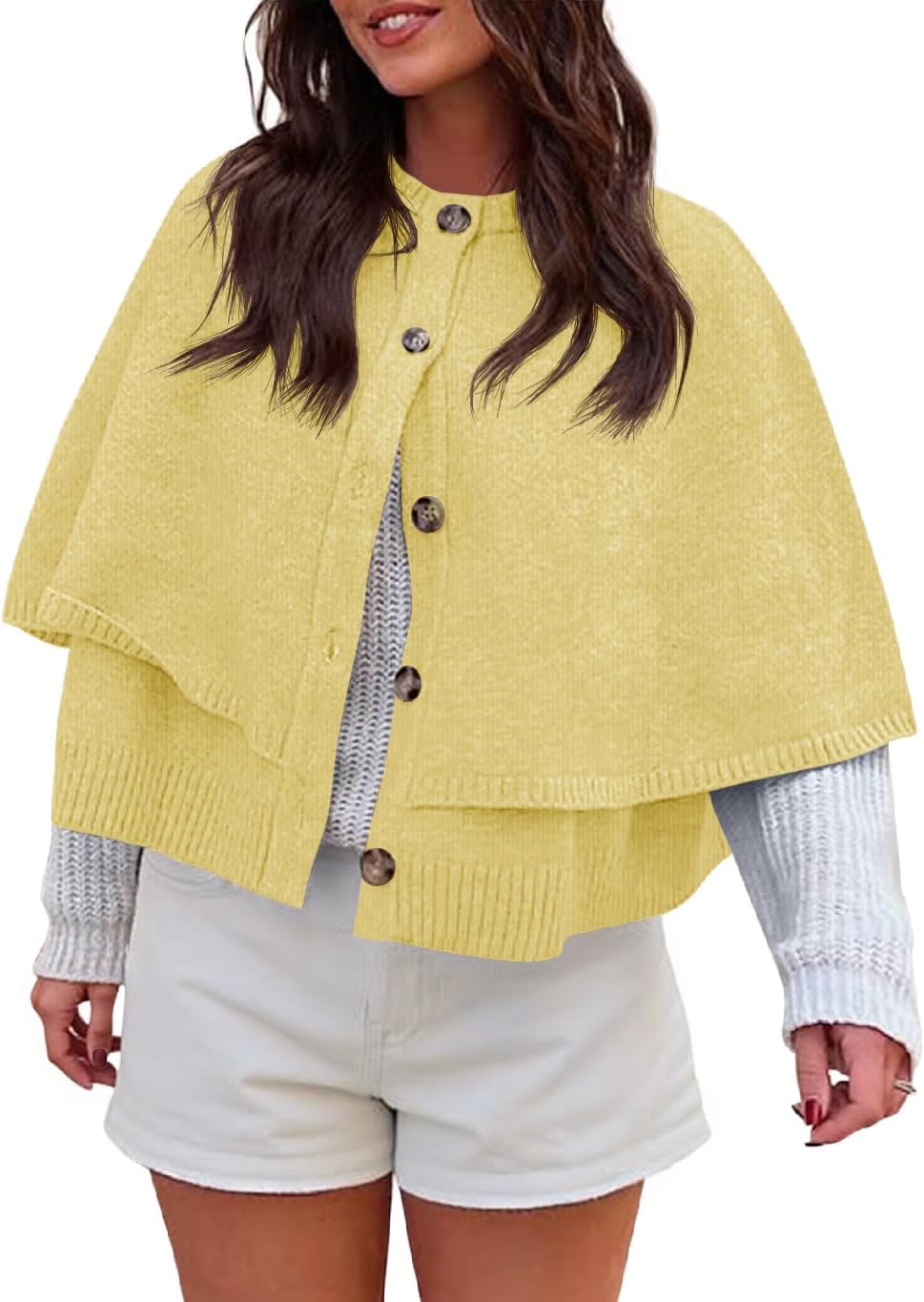 Saodimallsu Womens Cropped Cape Cardigan Button Up Crew Neck Jacket Shawl Fall Trendy Knit Sweater