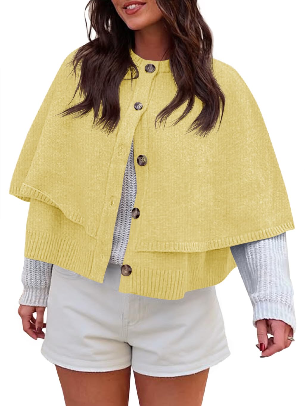 Saodimallsu Womens Cropped Cape Cardigan Button Up Crew Neck Jacket Shawl Fall Trendy Knit Sweater