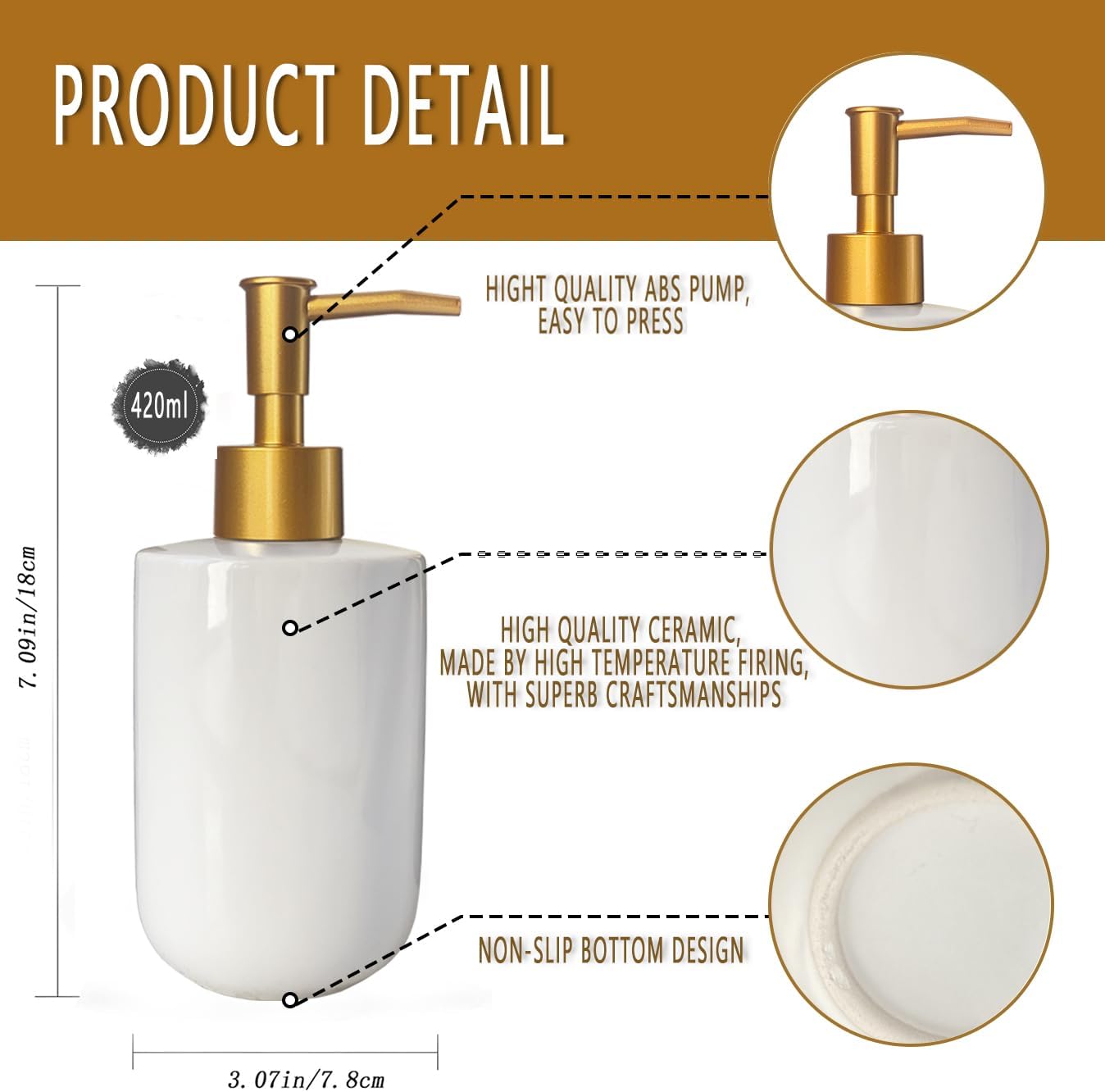White Liquid Soap Dispenser with Golden Pump for Bathroom,Kitchen Refillable Dispenser,Countertop Lotion Ceramics Hand Dispenser 420ml (Cylindrical White Bottle) - Image 6