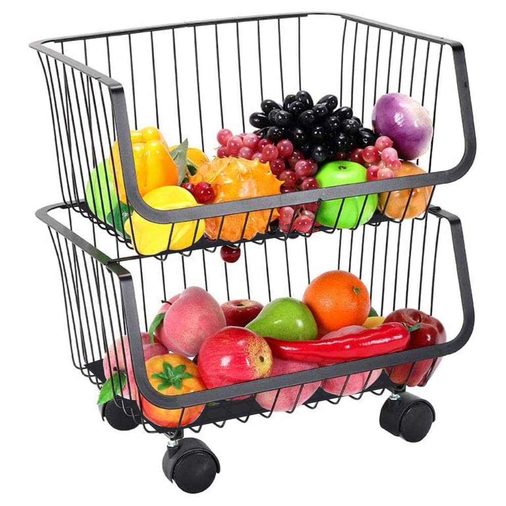 GOLDFAN 2 Tiers Storage Baskets Stacking Baskets Household Stainless Steel Storage Rack Trolley With Wheels for Kitchen Bathroom, Black