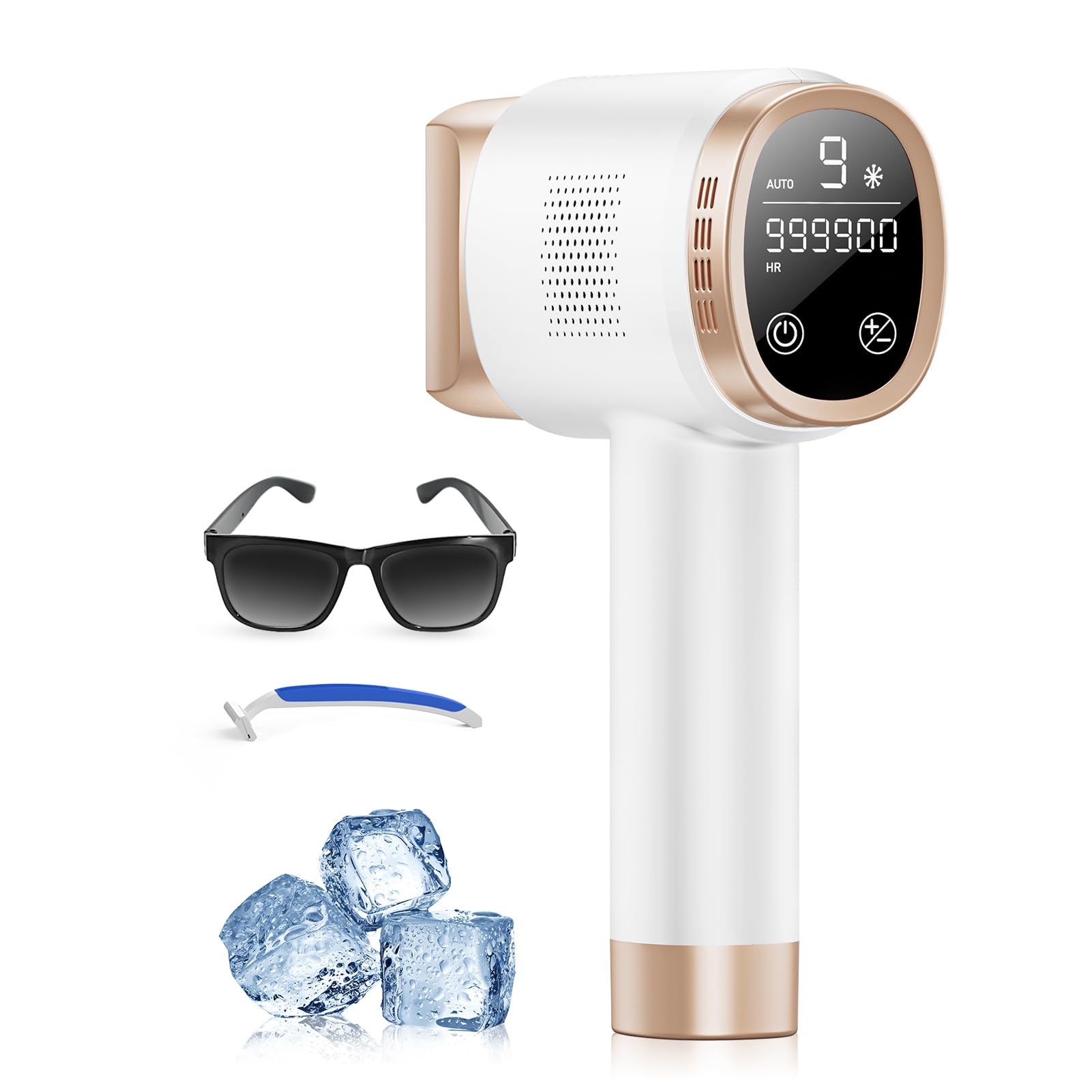 Epilatore Luce Pulsata con Funzione di Raffreddamento a Ghiaccio, Schermo LCD Touch,Modalità di Scorrimento Automatico, Epilatore a Luce Pulsata per Donne e Uomini,Viso, Ascelle, Bikini,Corpo, Bianco