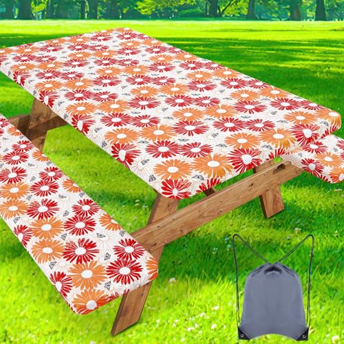 Image of misaya Picnic Table Cover with Bench Cover, Waterproof Elastic Fitted Tablecloth for 6 Foot Tables, Rectangle Washable Polyester Fabric Tablecloths for Picnic, Camping, Outdoor (Red Daisy, 30 inch x 72 inch)