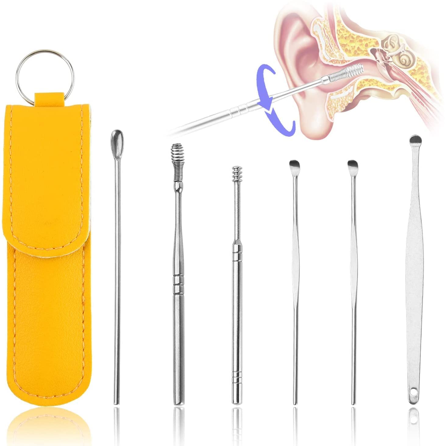 6 Piece Stainless Steel Ear Wax Removal Kit with PU Leather Case, Spring Cleansing Tools, Portable Spoon Picks for Home, Travel