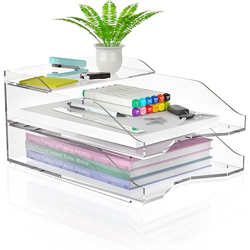 NiOffice Acrylic Paper Letter Tray, 3-Tier Stackable Clear Desk File Organizer and Storage Paper Holder for Office, School and Home Use