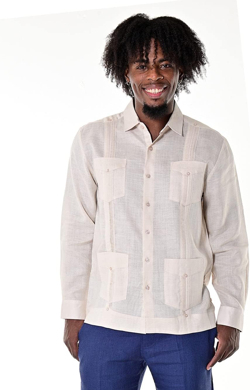 Mens Guayabera Long Sleeve Shirt for Men 100% Linen Traditional 4-Pocket Mexican Chacabana-MLS501