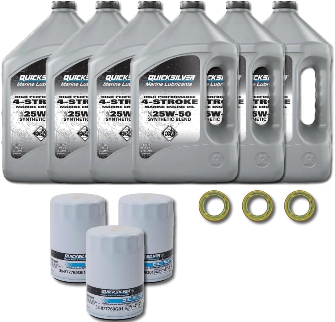 Mercury Quicksilver Triple Verado Oil Change Kit L6 200-400HP - 25W-50 Semi-Syn Oil (6 Gal), 3x Filters 877769Q01, 3x Drain Seals - Fits Triple 200, 225, 250, 275, 300, 350, 400 HP Verado