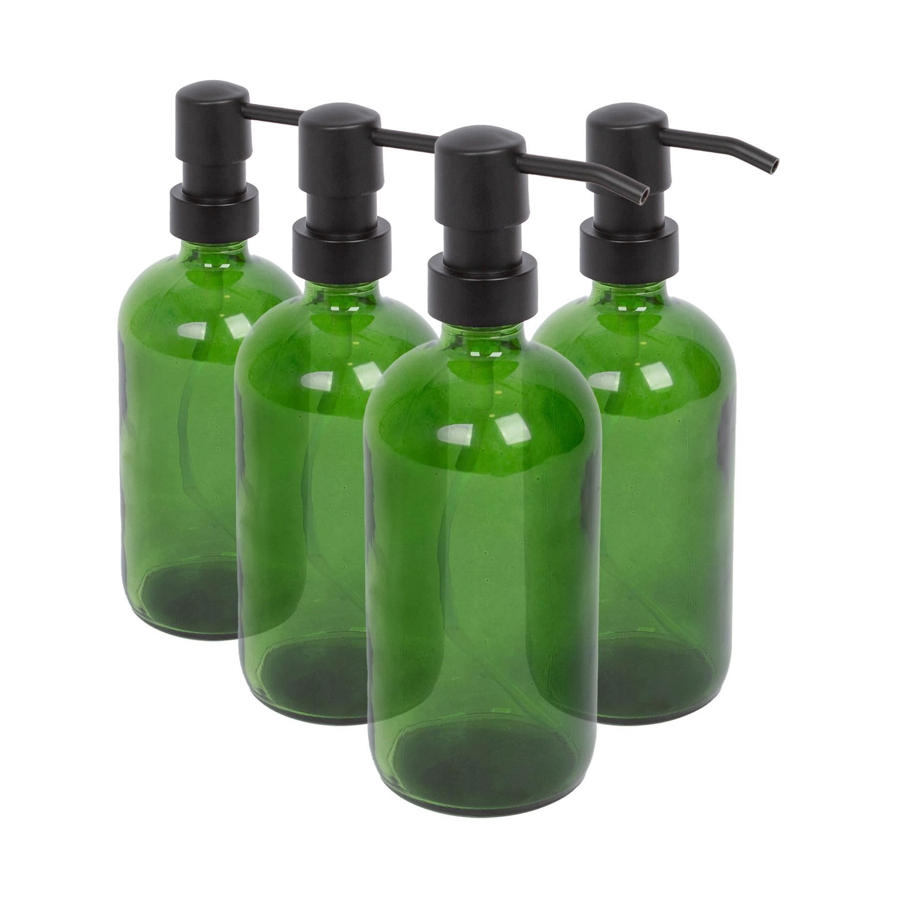 Harbour Housewares Green Glass Soap Dispensers Pack of 4-500ml Refillable Bottles with Black Pumps - Bathroom and Kitchen Accessories for Hand Wash, Lotion or Washing Up Liquid