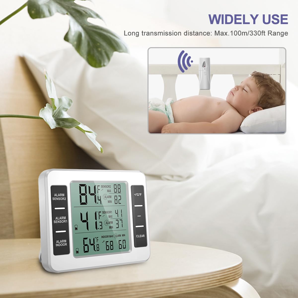 Jiadiru Termometro Frigorifero Wireless Con Allarme – 2 Sensori Esterni, Display Min/Max, Schermo LCD, Portata 100 Mt - 2