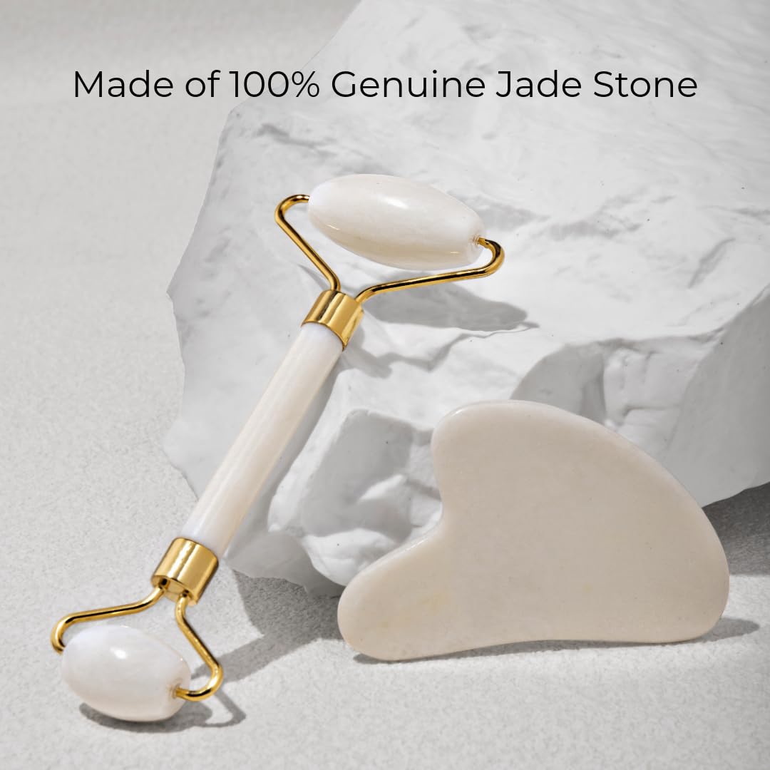 Jade Gesichtsroller & Gua Sha Massagewerkzeug für Gesicht, Augen & Hals Hautpflege, 100% Natürlicher Jade Stein Gesichtsroller Gua Sha Massagewerkzeug, Augenroller für geschwollene Augen