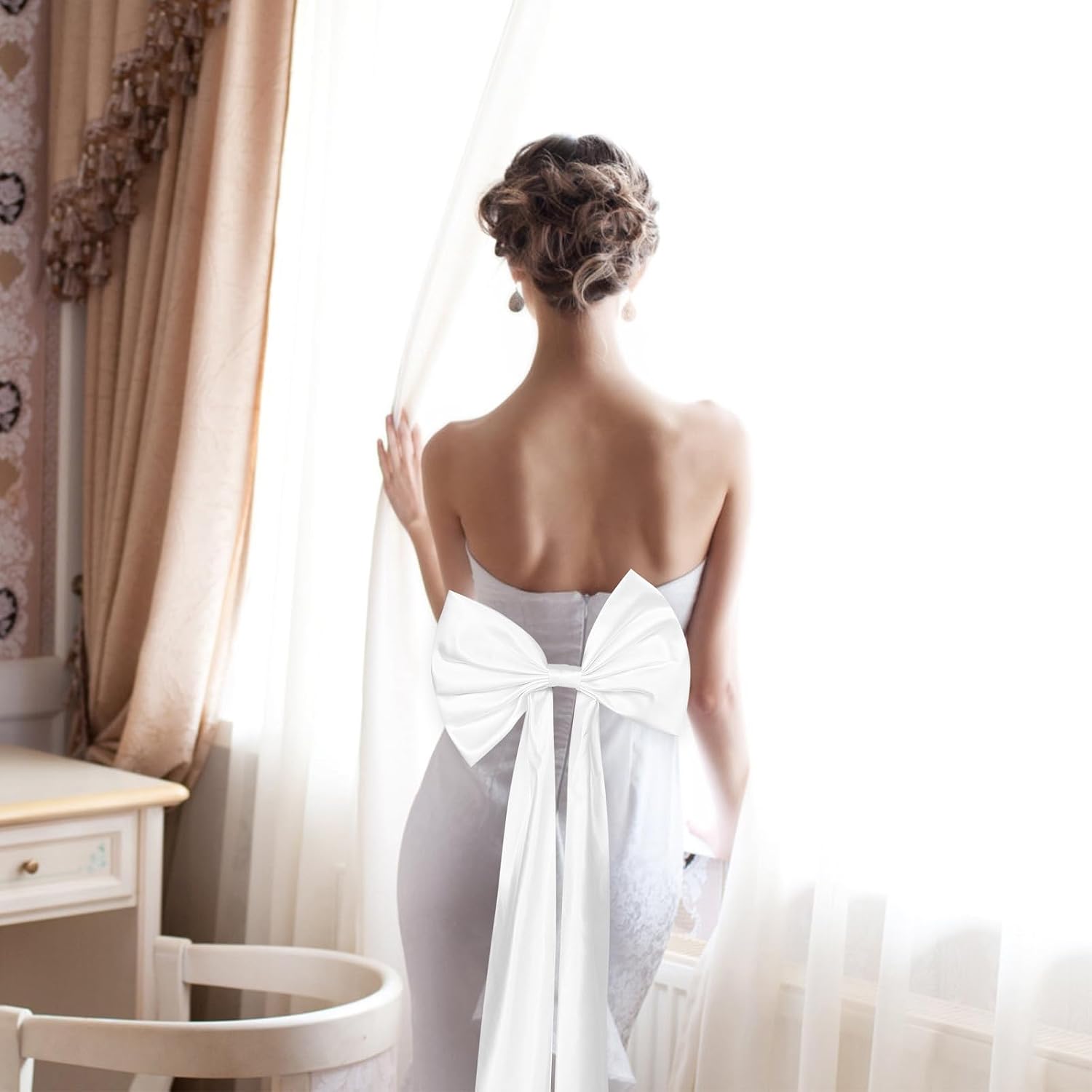 Garneck White Satin Bow Train Wedding Dress Accessory for Bridal Ceremony