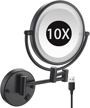 8" Wall Mounted Lighted Makeup Mirror, Light Up Double Sided 1X/10X Magnifying Mirror, 360 Swivel Extendable LED Bathroom Vanity Mirror,Black,USB Charging