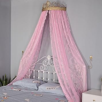 Princess Lace Bed Canopy,Cute Crown Princess Bed Curtain with Metal Crown & Lights,Decorative Drapery Floral Bed Sheer Curtain for Gifts Bedroom King Queen Full Bed60cm23.6in, Pink