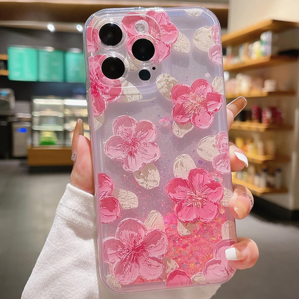 for iPhone 15 Plus Case,Babemall Liquid Fluorescent Glitter Painting Flower Floating Waterfall Girls Cute Luminous Case for iPhone 15plus 6.7'' (Pink)