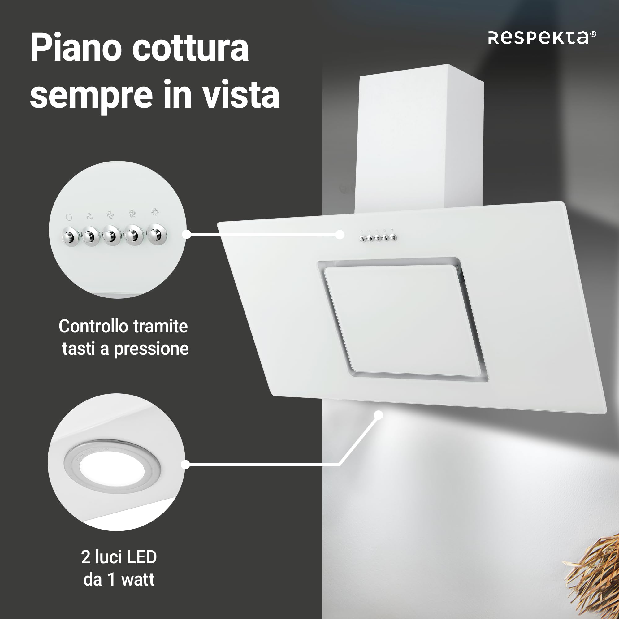 Respekta Cappa Cucina Inclinata Con Spazio Per La Testa, Cappa Cucina Verticale 90 Cm, Scocca In Metallo Con Vetro Bianco, Funzione Di Scarico E Ricircolo, CH22010,90wbz, B, 54 – 62 Db