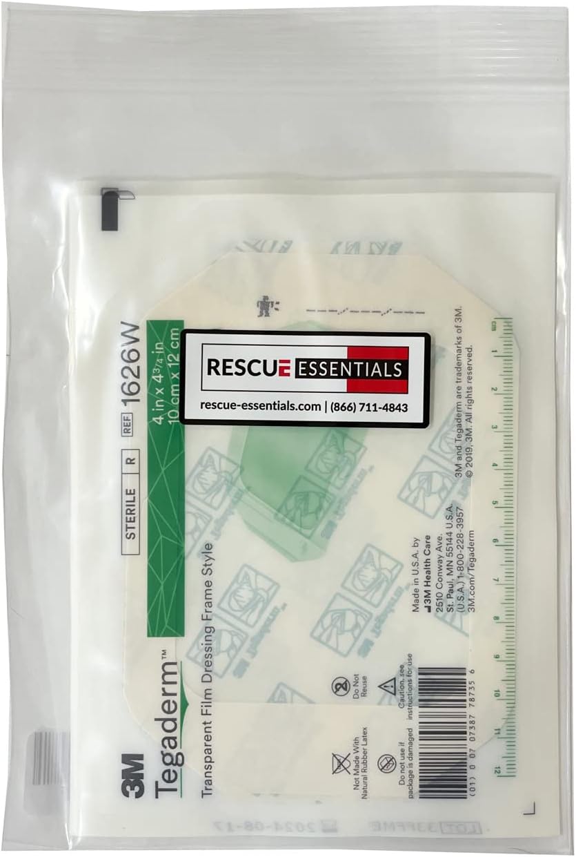 Rescue Essentials - 3M Tegaderm Transparent Film Dressing - 4" x 4 3/4" - Pack of 10, White, Green