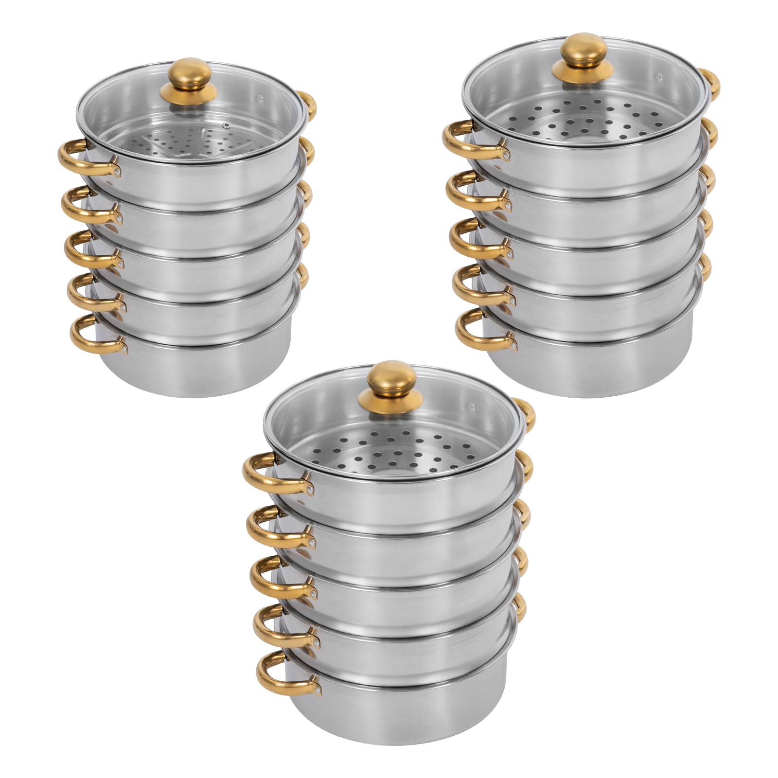 5 Etagen Edelstahl Dampfgarer Topf mit Deckel und Gold Griffen, Rund Dampfgartopf, Breite Öffnungen, Dampfkochertopf für Gasherd, Induktionsherd (26cm)