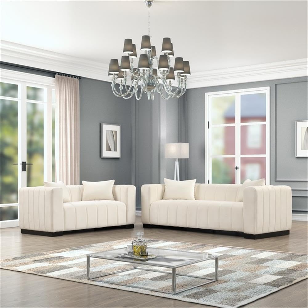 Pemberly Row 2-Piece Living Room Furniture Set, Beige Velvet Upholstery, Sofa and Loveseat, Foam Padding with Spring Coils, Solid Wood Legs, Modern Square Arms, 90" Sofa and 66" Loveseat for Living