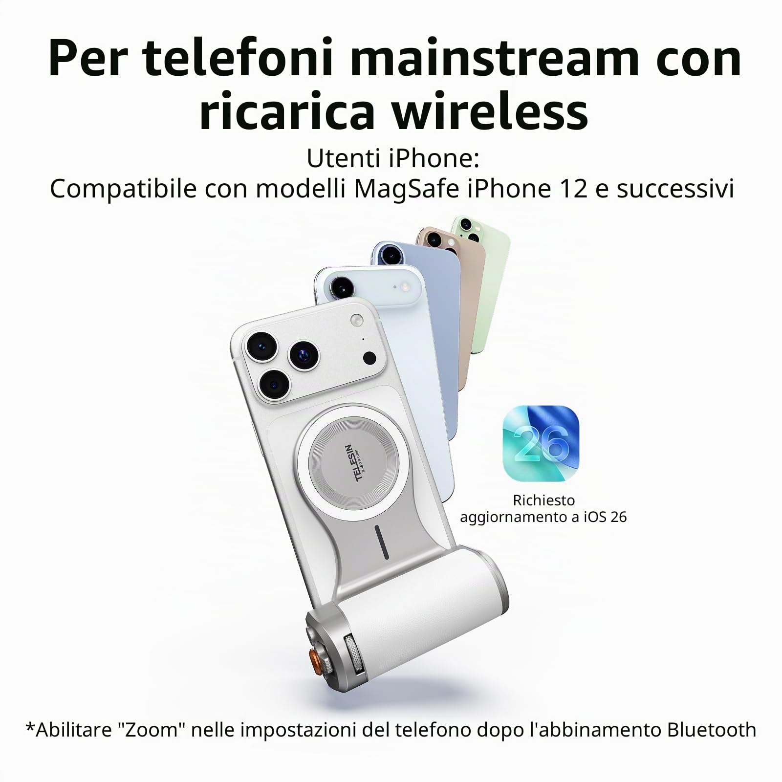 Master Grip Kit per iPhone 17-12 & Android, Impugnatura Magnetica per Fotocamera per Telefono, Pro Shot Imaging Phone Grip, Batteria Integrata da 3200 mAh, Ricarica Wireless (Bianco e Argento)
