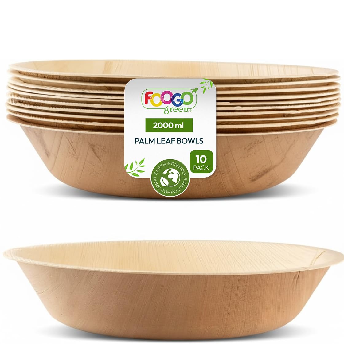 FOOGO Green 10 Cuencos Desechables de Hoja de Palma, 30 cm, 2000 ml, para Postres y Ensaladas, Redondos, Biodegradables, Compostables, Como los Cuencos de Madera, Bambú y Papel, Fiesta