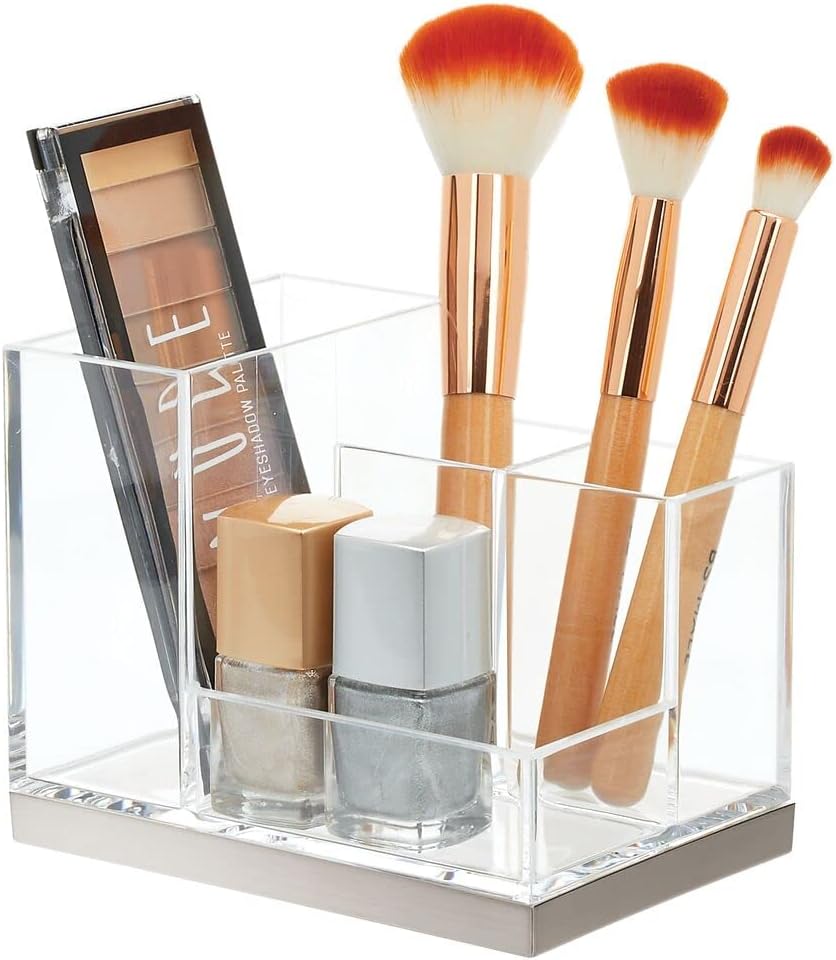 mDesign Decorative Bathroom Dental Storage Organizer Holder Stand for Electric Spin Toothbrush, Toothpaste, Floss - Compact Design for Countertop/Vanity, 4 Compartment Organization - Clear/Brushed : Home & Kitchen