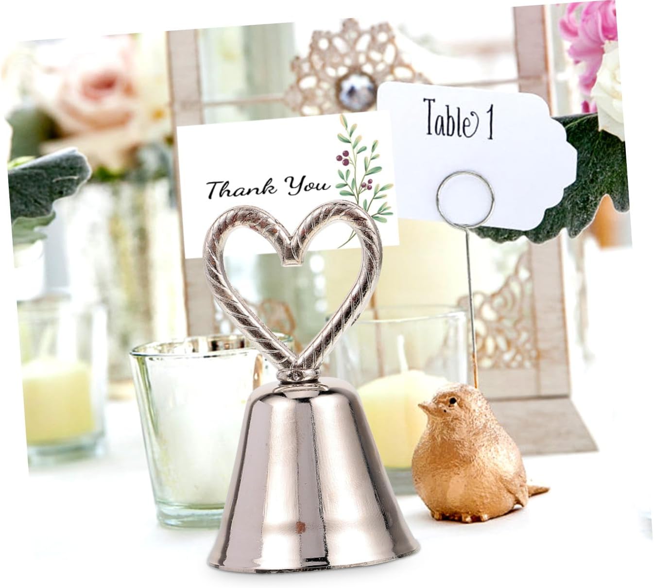 Amosfun 10Pcs Wedding Bells Metal Table Number Holders Place Card Holders Creative Picture Clips for Wedding Decorations Solid Base for Use Unique Random Styles