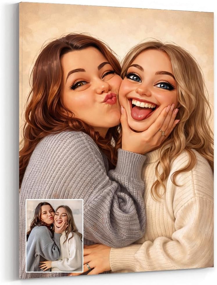GABITA Luxury Custom Besties Cartoon Portrait Wall Art Print, Funny Couple Portrait from Photo, Personalized Gift for Best Friend, Wife, Husband, Gifts Galentines Valentines