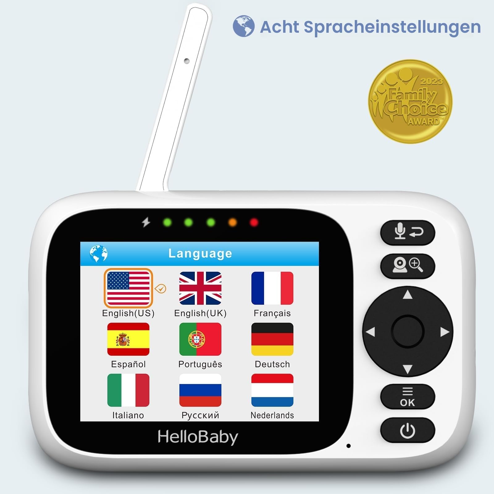HelloBaby Babyphone mit Kamera ohne WLAN, 3,2 Zoll Bildschirm, 2 Wege Audio | 320° Schwenk, 120° Neige, Zoom, Temperaturanzeige, Nachtsicht, 305m Reichweite, ECO, 8 Schlaflieder, Fütterungsalarm HB6339