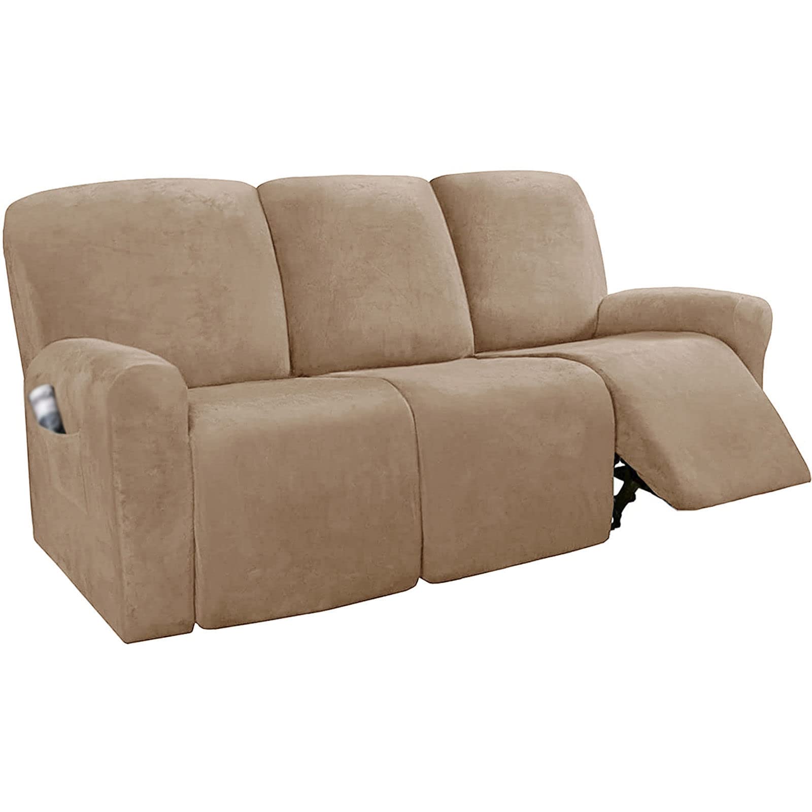 JHLD Stretch Recliner Cover, Velvet Recliner Chair Cover 1/2/3 Seater Recliner Slipcovers Soft Recliner Protector Non Slip With Elastic Bottom Furniture Protector For Kids Pets-Camel-3 seater