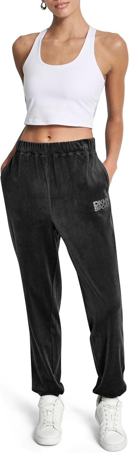 DKNY Womens High Rise Relaxed Cuff Rhinestone Logo Novelty Velour Sweatpant - Image 2