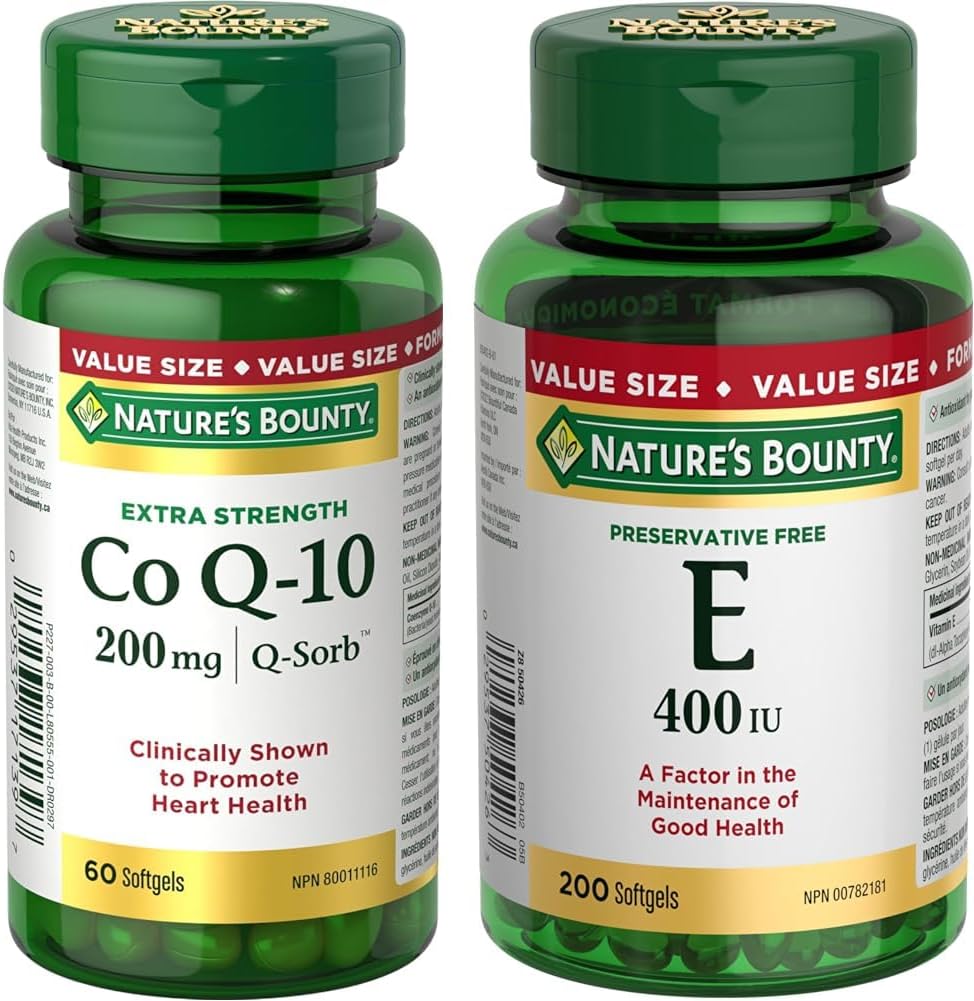 Nature's Bounty Co Q10 Extra Strength 200mg Supplement Promotes Heart Health, Multi-colored, 60 Softgels & Vitamin E Pills And Supplement, Helps Maintain Health, 400Iu, 200 Softgels