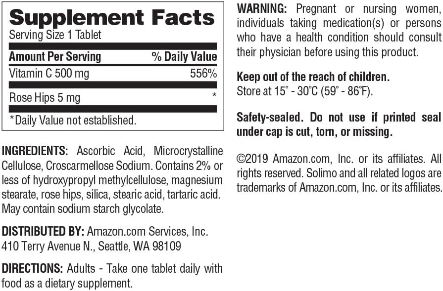 Amazon Brand - Solimo Vitamin C 500 mg with Rose Hips 5 mg, 150 Tablets, Five Month Supply (Packaging may vary)