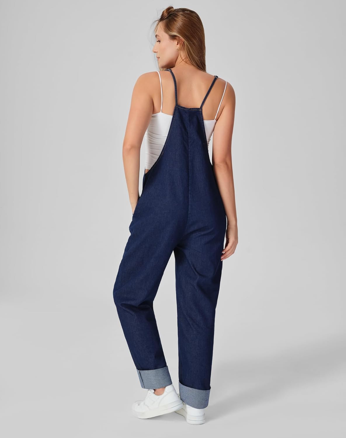 roswear Women's Denim Overalls Thin Sleeveless Jumpsuits with Adjustable Strap Cuffed Hem - Image 3