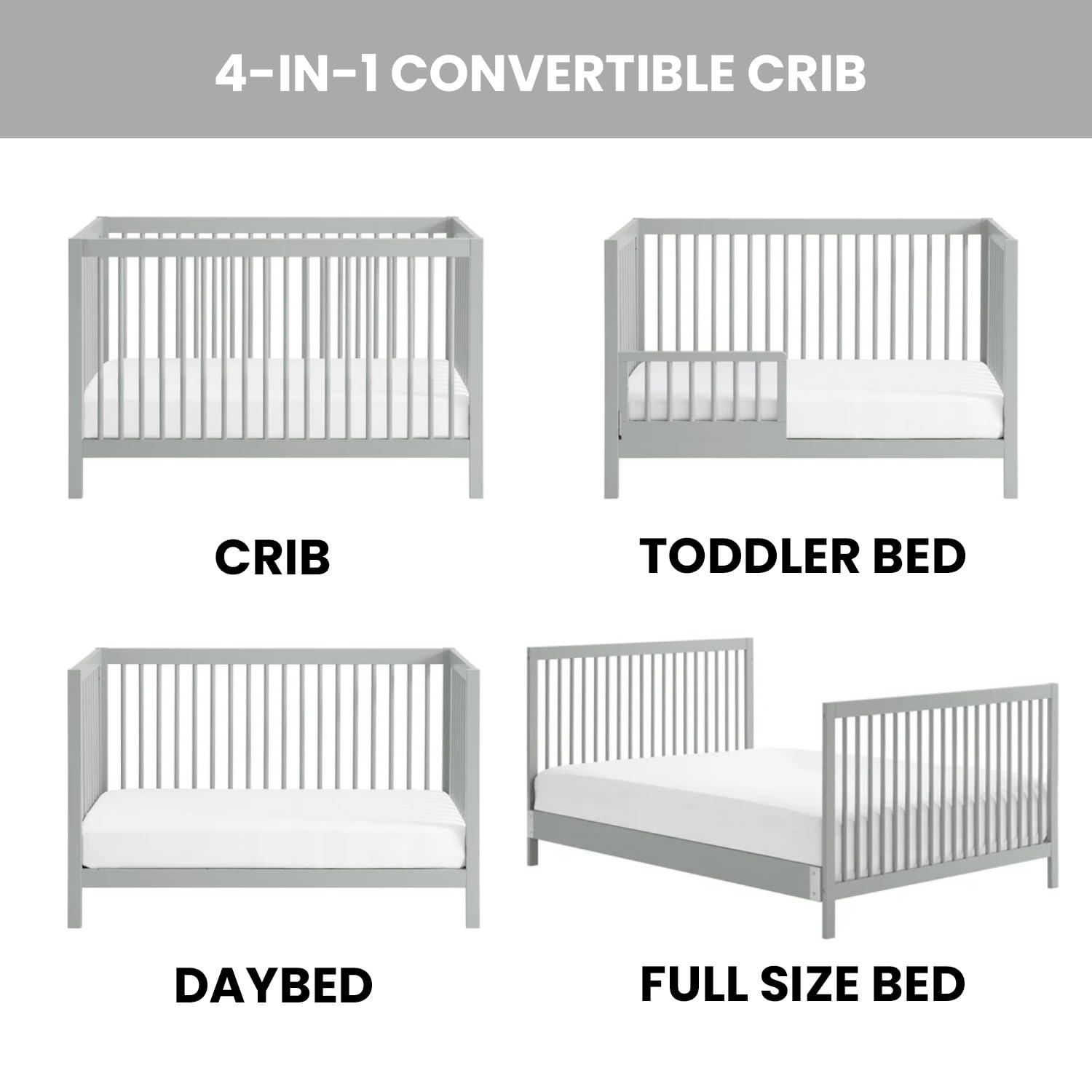 Oxford Baby Essentials Island Full Size 4-in-1 Convertible Baby Crib with Round Spindles, Gray