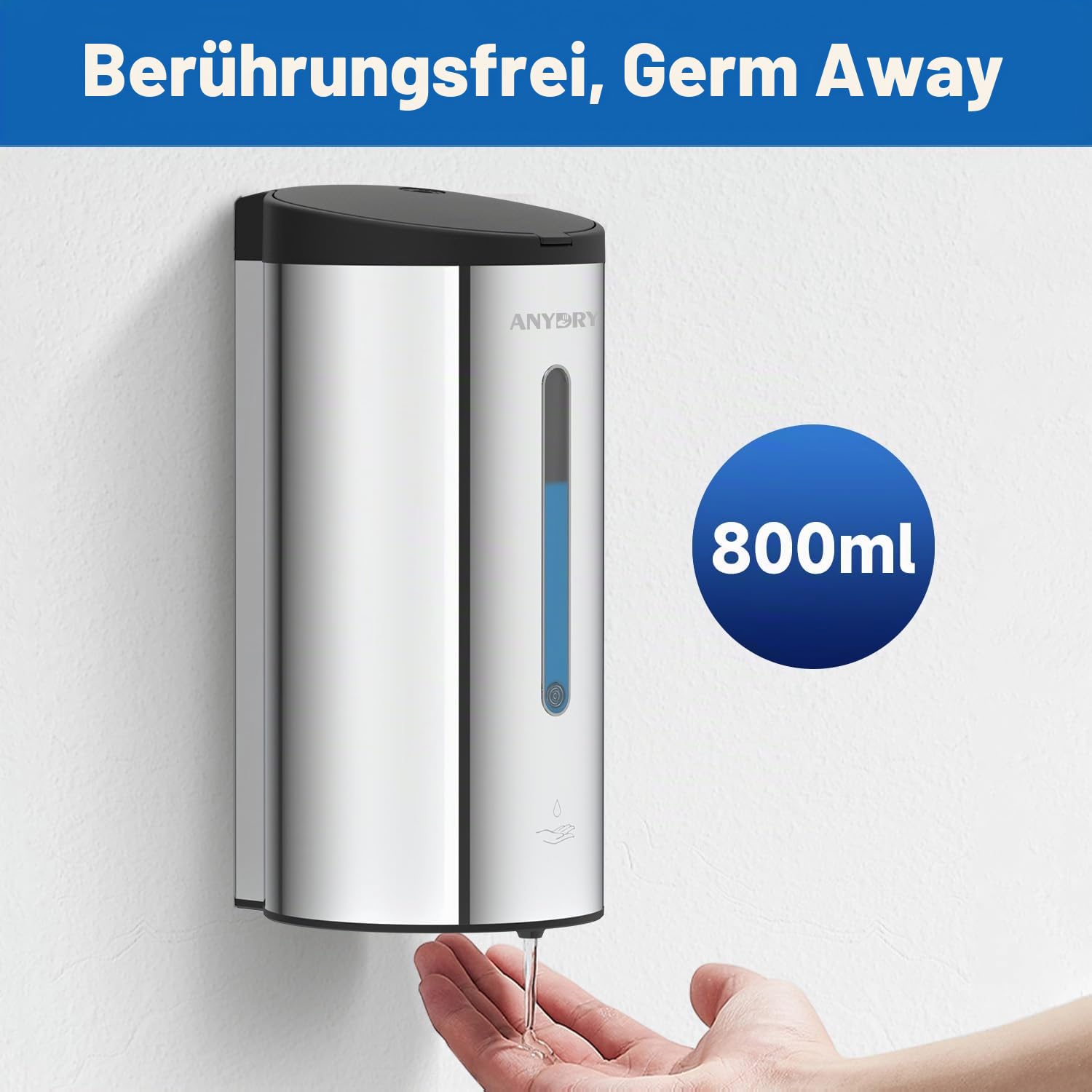 anydry 1205C Seifenspender Automatisch Wandbefestigung 800ml Kommerzieller Automatischer Flüssigseifenspender Wandmontage Polieren