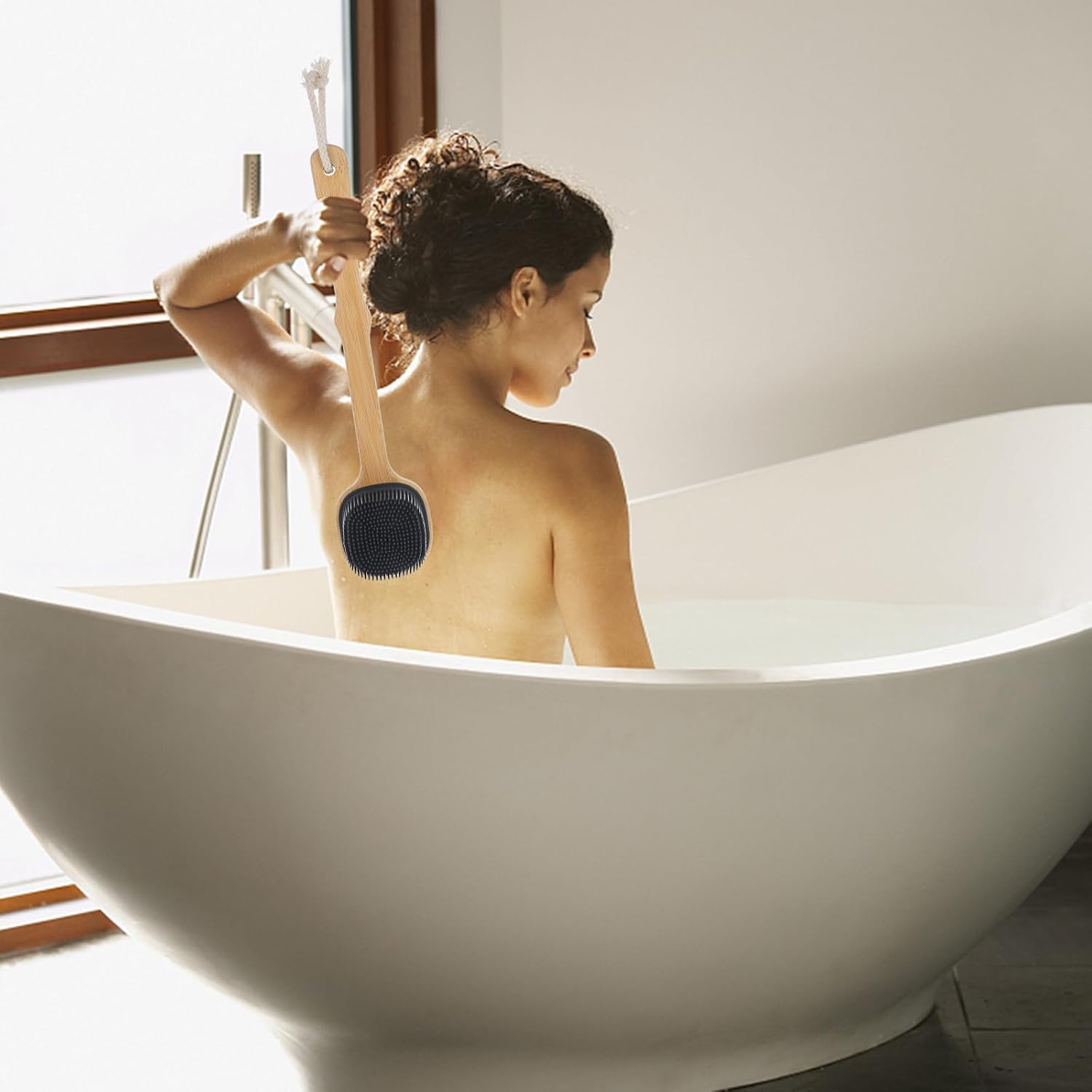 COLLBATH Double-Sided Silicone Back Scrubber Bath Brush with Handle, Soft Bristles Long Handle Shower Body Brush for Deep Cleansing and Exfoliation, Bathroom Hanging Strap for Men and Women