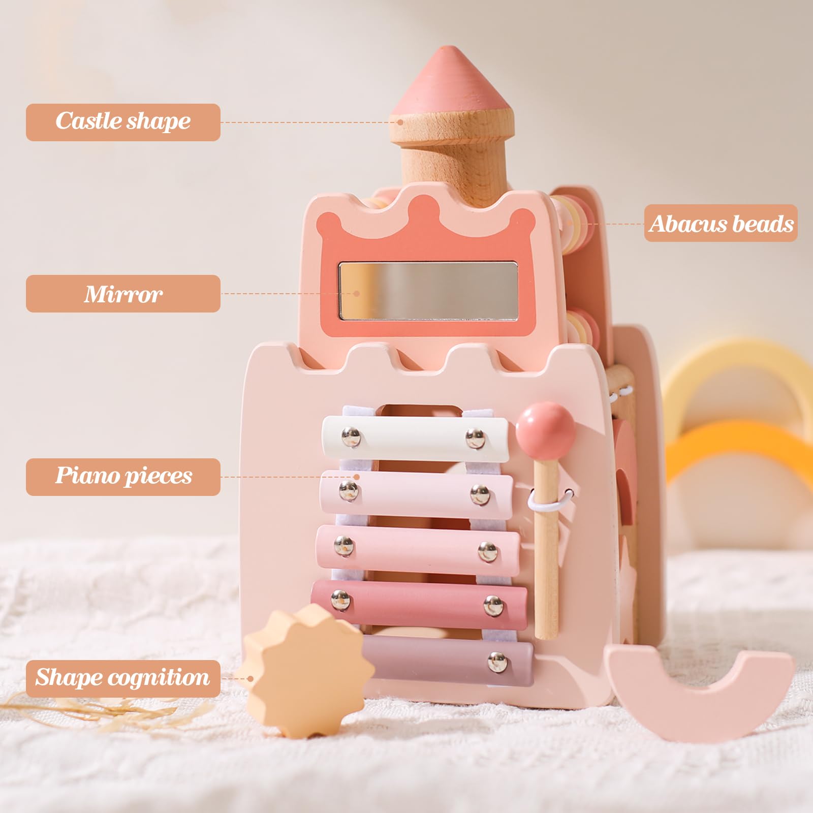 Montessori Spielzeug Baby Holzspielzeug,5 in 1 Rosa Schloss Lernspielzeug Motorikwürfel Sensorik Motorikspielzeug Activity Würfel Motorikschleife Geschenk Baby Mädchen Aktivitätswürfel 3+