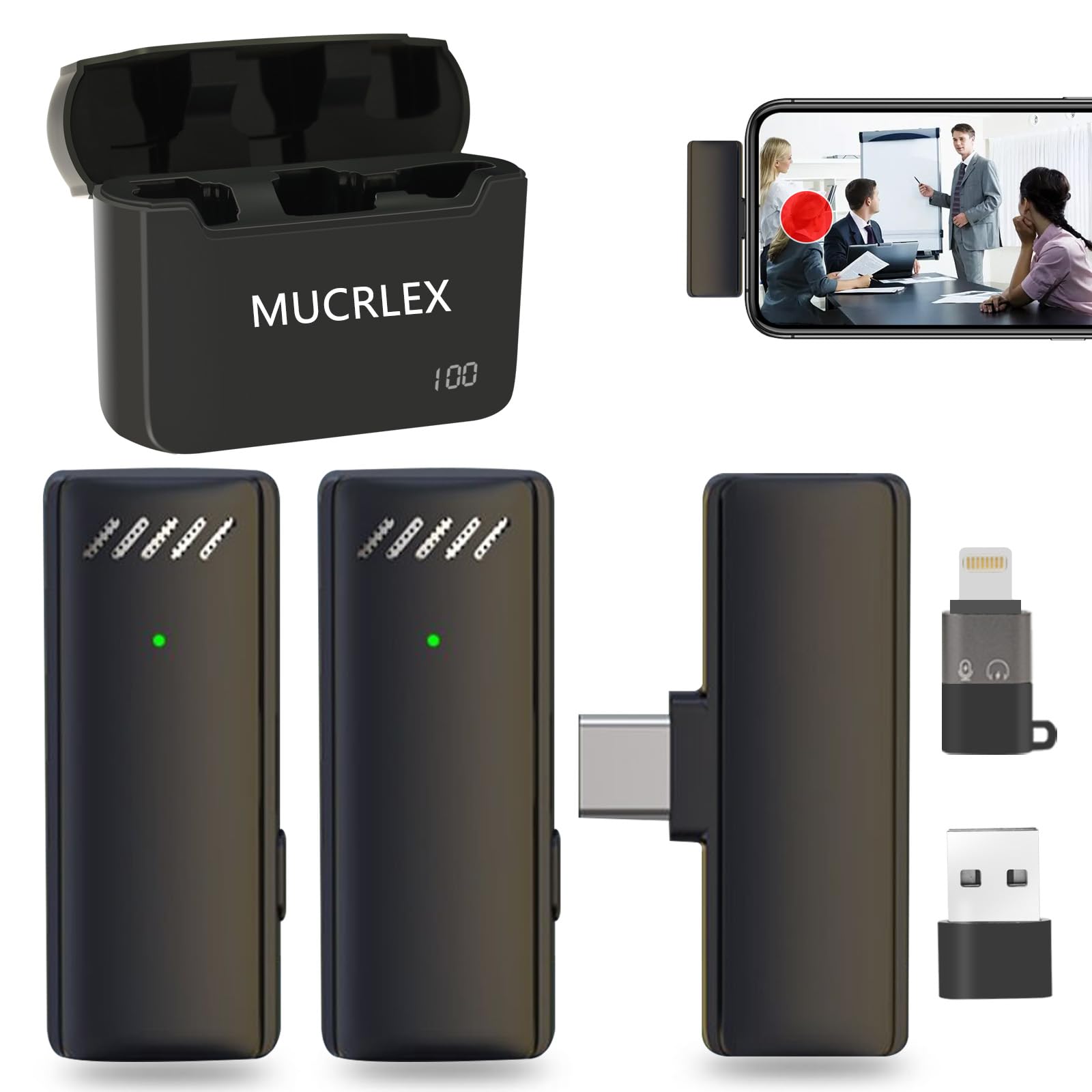 Mucrlex Wireless Microphones, Mini Microphones with 2 Convertible adapters for iPhone iPad Android PC in Video Vlog Recording Interview. (Black)