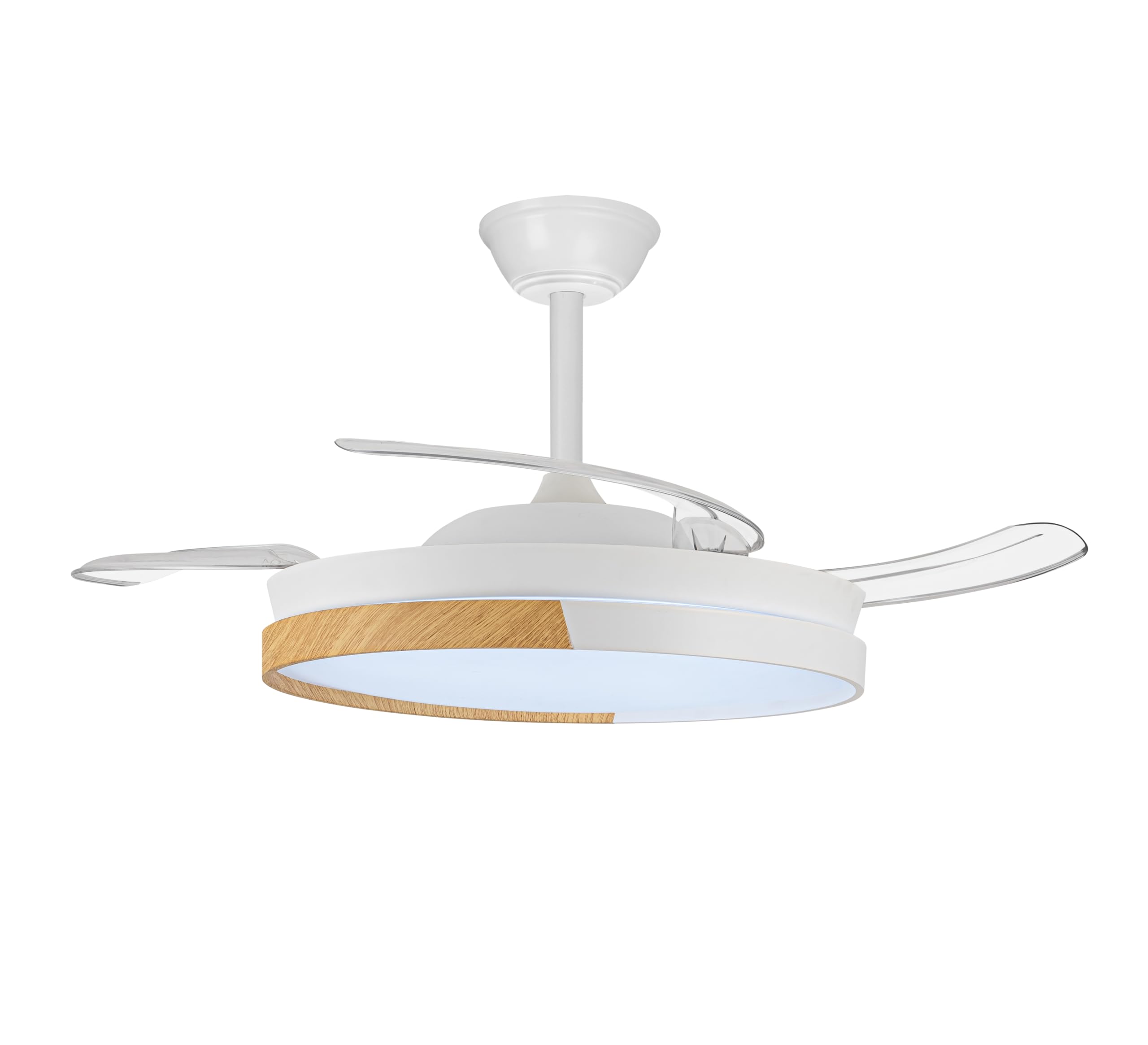 wonderlamp - Ventilador de techo con aspas retráctiles, Ventilador de techo con luz LED Arpino Blanco+Madera CCT 3000-4000-6000K, Intensidad Regulable 48W, Silencioso